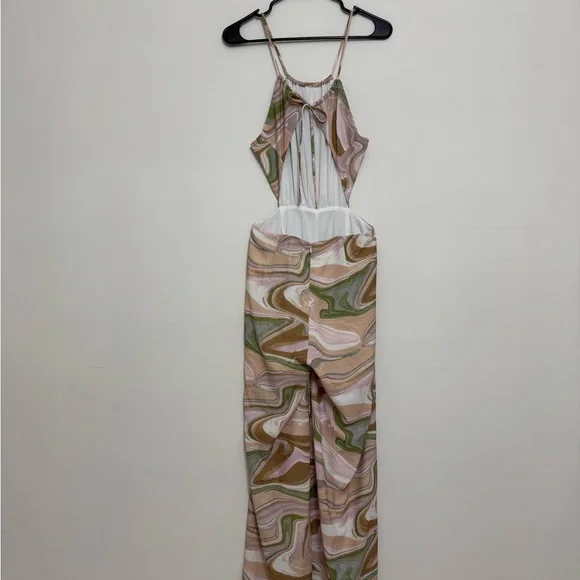 Lush Brown and Green Swirl Print Halter Open Back Jumpsuit in Strawberry Matcha - Picture 7 of 16